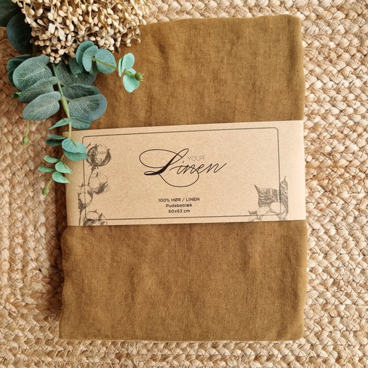 Pudebetræk i vasket hør 60 x 63 cm - okker